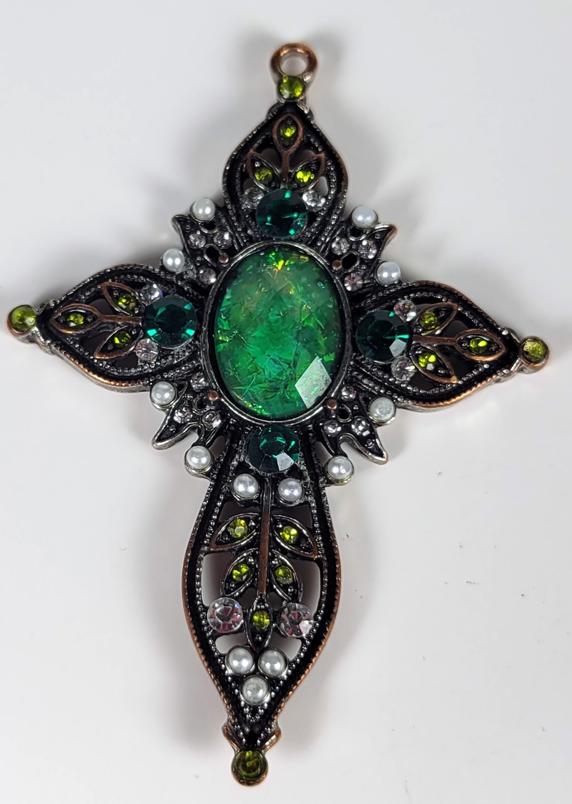 Cross Pendant with Opalescent Green Stone and Faux Pearls – 2 inches Very Good