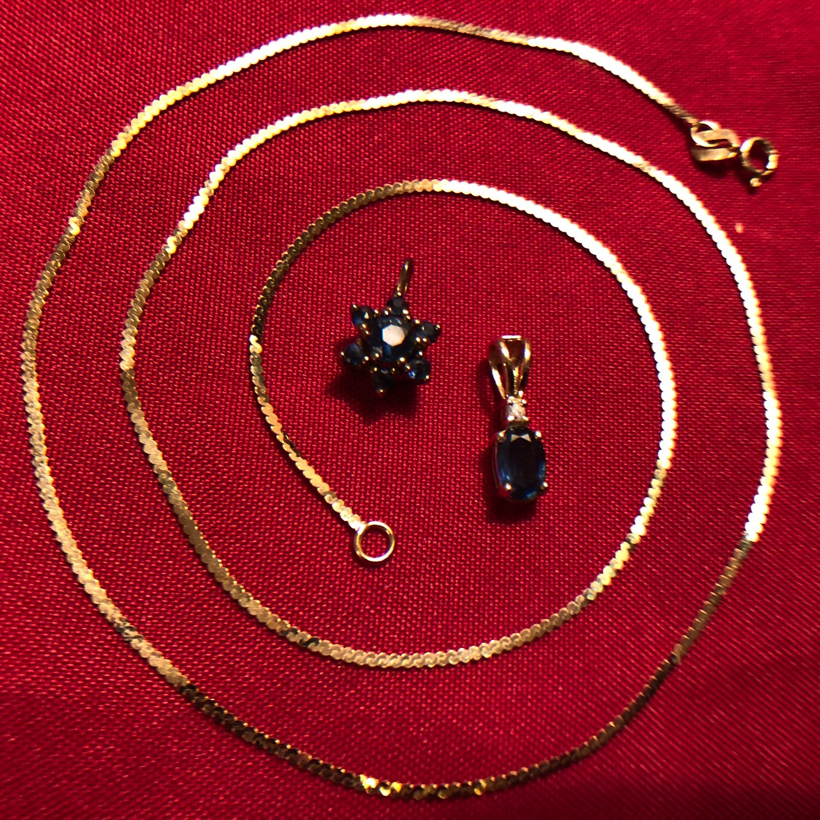 Italy 14K Yellow Gold Necklace 15.75″ 1.23 G + 2 Sapphire Pendants 2.3 G TOTAL