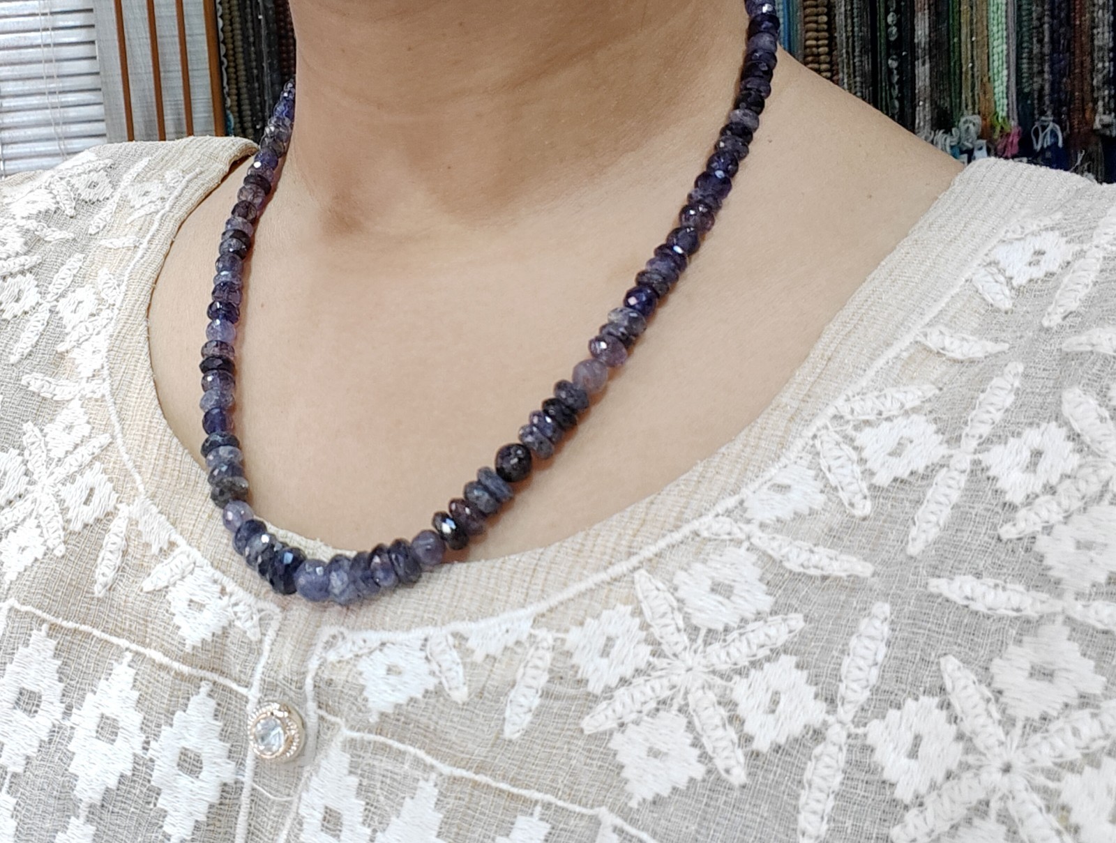 Natural Iolite Gemstone Necklace, Handmade Mix Size Beaded Jewelry, 18 Inch