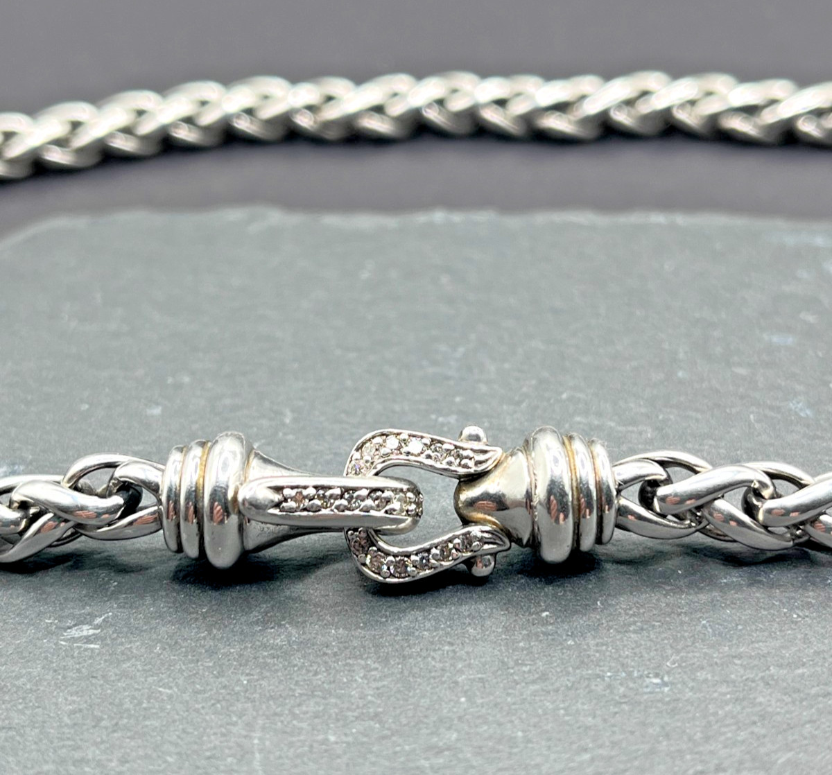 David Yurman diamond buckle single 6mm strand wheat necklace vintage jewelry 16″