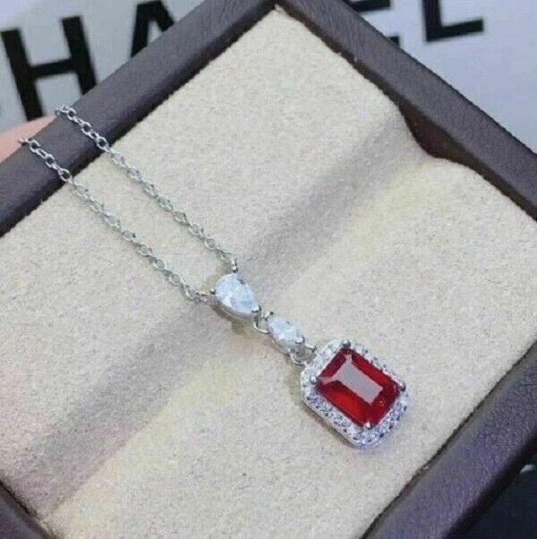 2.3CT Emerald Cut Halo Red Ruby & Diamond Pendant Necklace 14K White Gold Over
