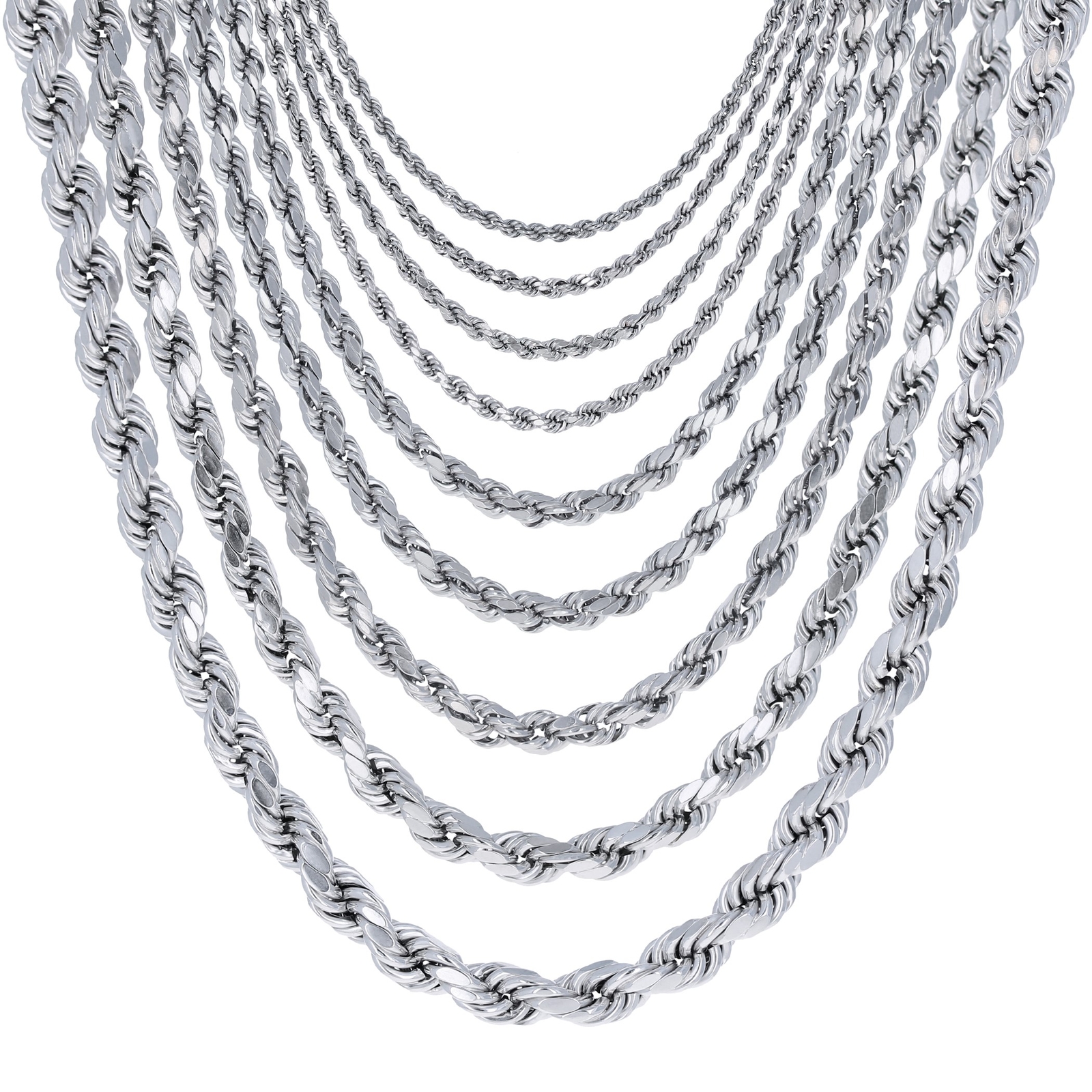 10K White Gold 1.5mm-6mm Diamond Cut Solid Rope Chain Pendant Necklace 16″- 30″