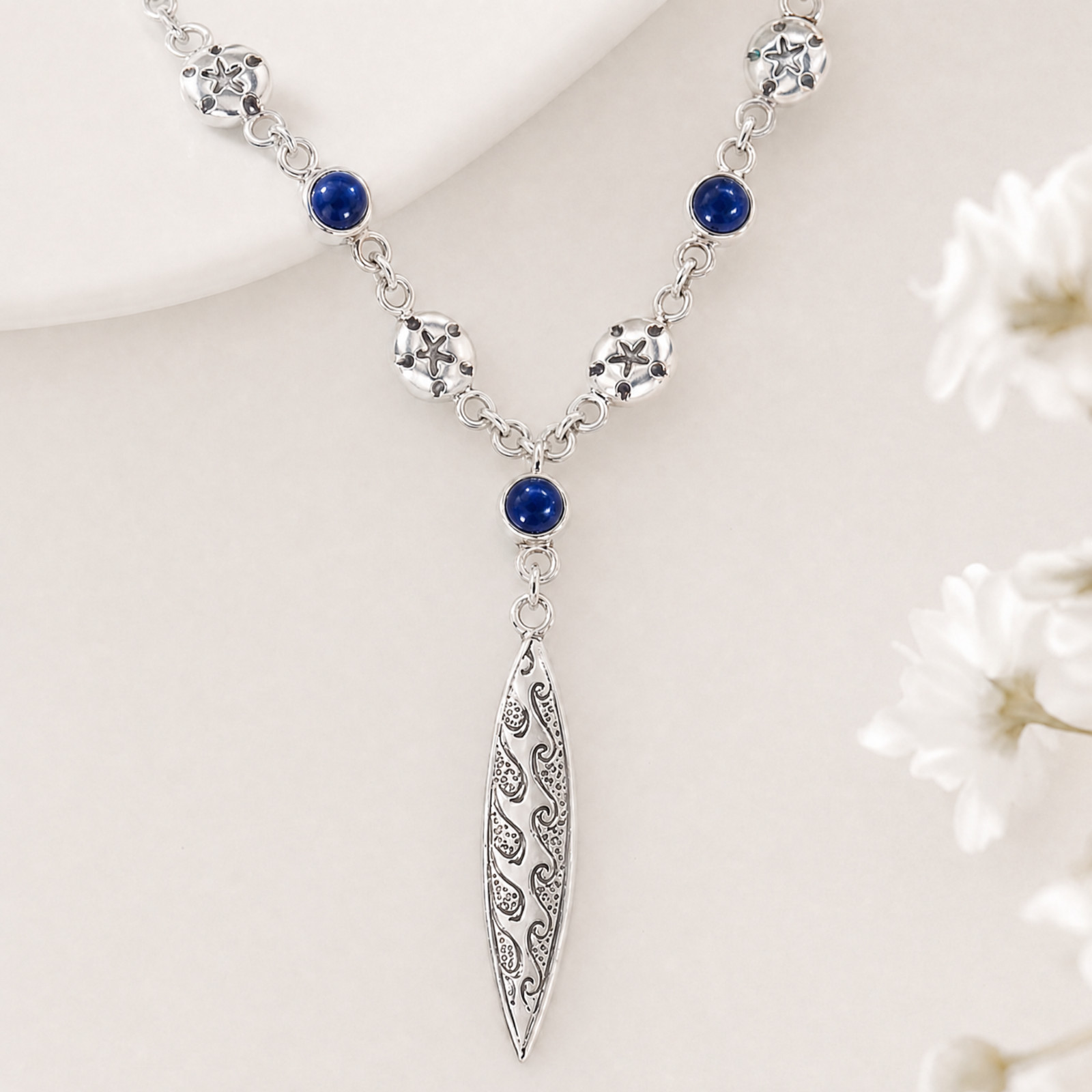 Vintage 925 Sterling Silver Afghan Lapis Lazuli Surfboard Beach Necklace