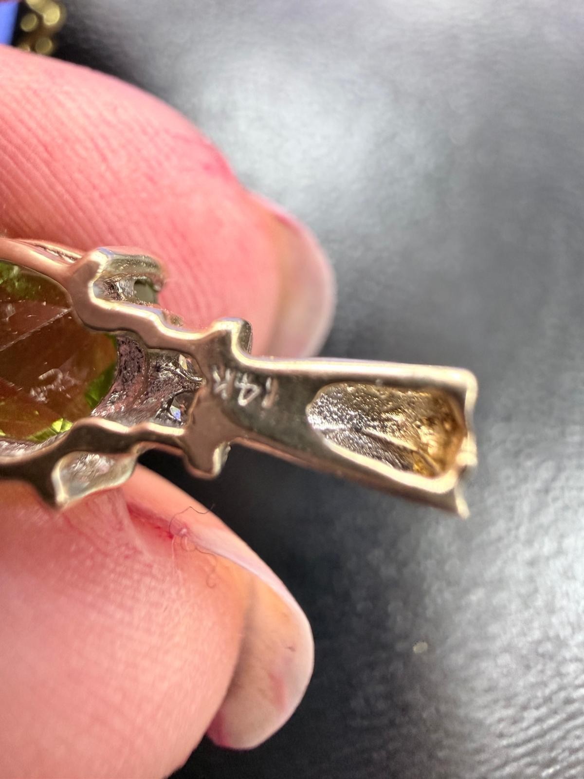 Signed 14k Yellow Gold Cushion Checker Design Peridot Prong Pendant w/ Diamonds