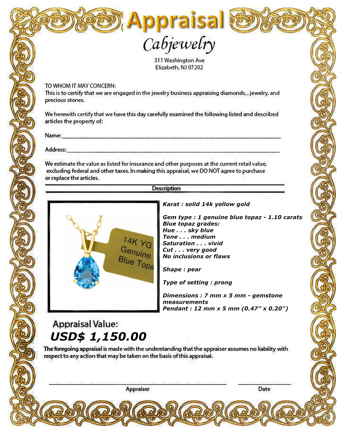 GENUINE 1.10 Cts BLUE TOPAZ PENDANT SOLID 14K GOLD – MADE IN USA -Free Appraisal