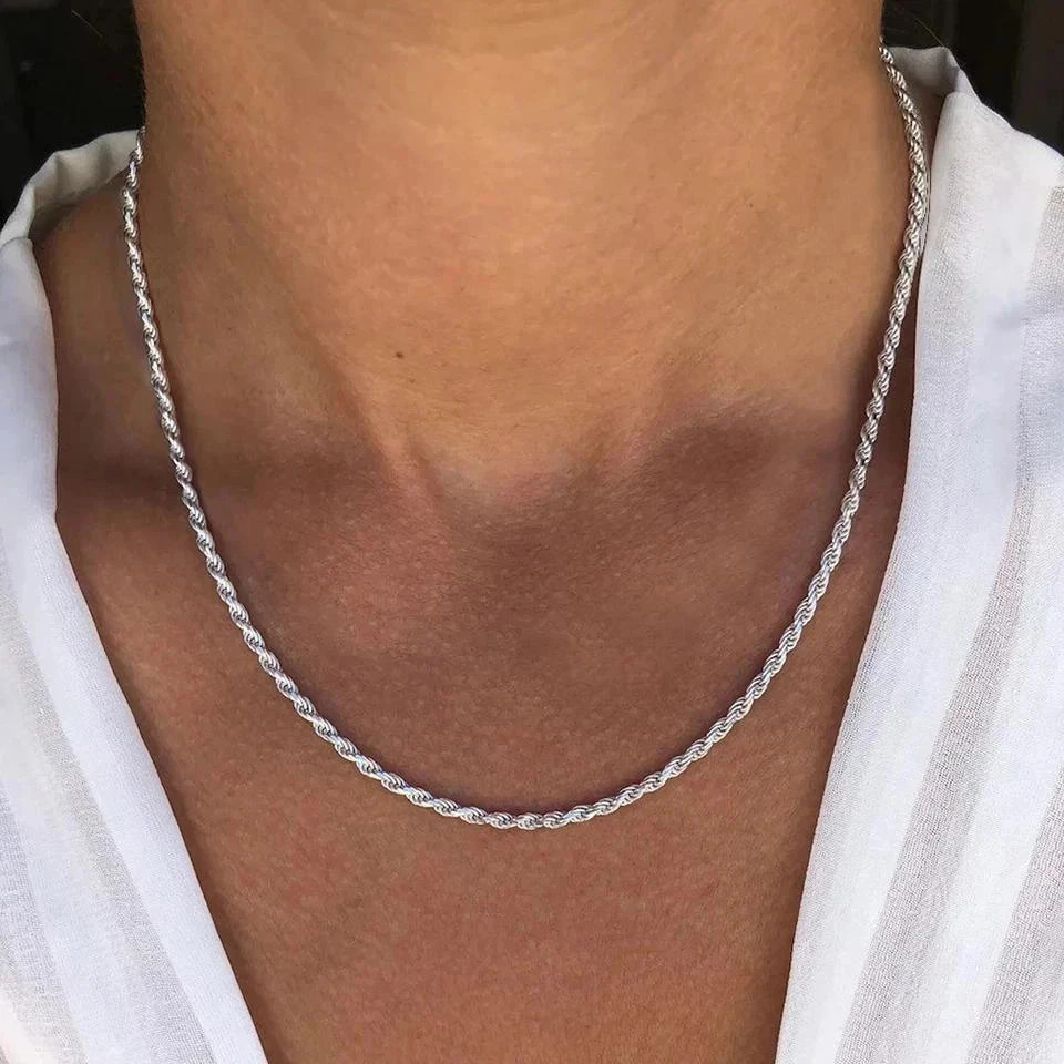 4mm Diamond Cut Solid 925 Sterling Silver Italian Rope Chain Men’s Necklace