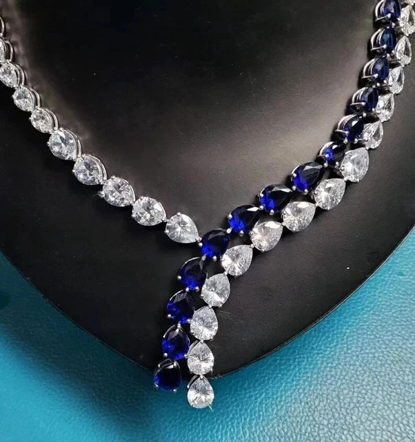 32Ct Pear Cut Lab Created Sapphire Women’s Tennis Necklace 14k White Gold Plated