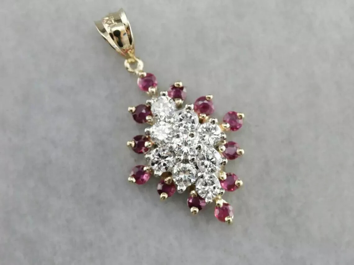 2Ct Cut Diamond & Ruby Cluster Pendant 14K Yellow Gold Finish 18″ Free Chain