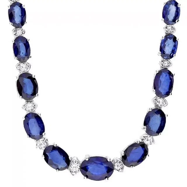17CT Oval Cut Lab-Created 14K White Gold Finish Blue Sapphire Tennis Necklace
