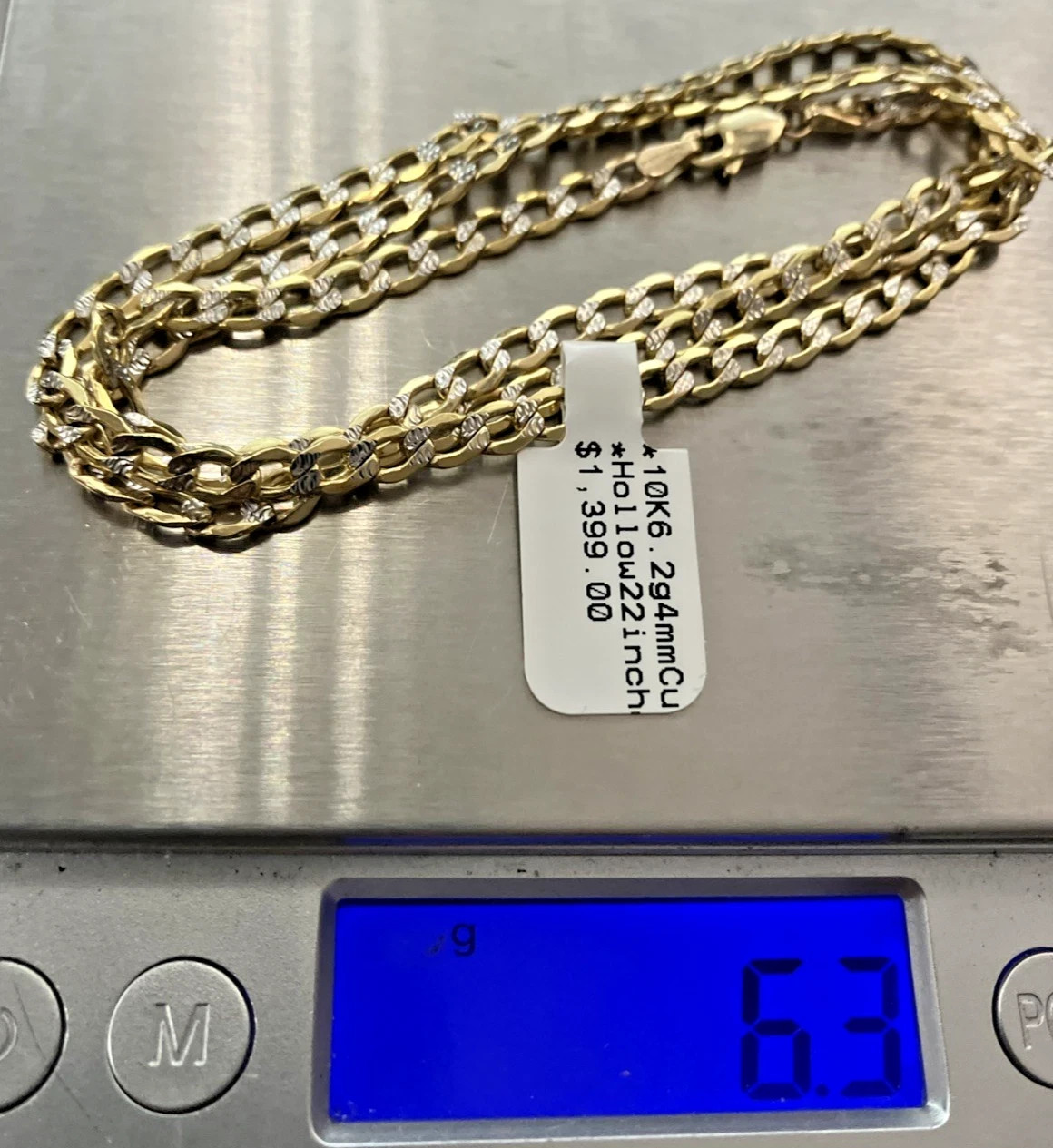 10kt Real Gold Curb Link Two-Tone Chain SemiSolid 6.2grams 4mm 22” Brand NWT 10K