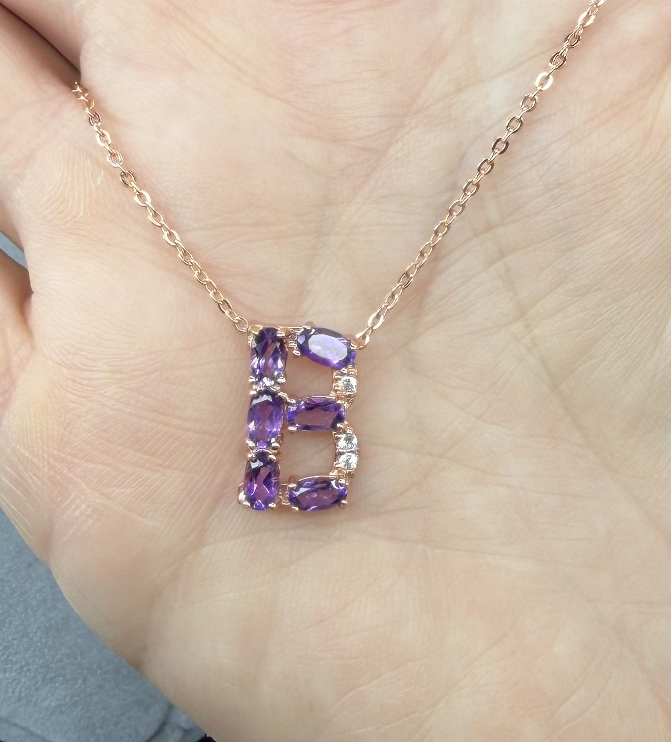 Stunning Natural Purple Amethyst Initial B 18K Rose Gold Pendant/Necklace 20 in