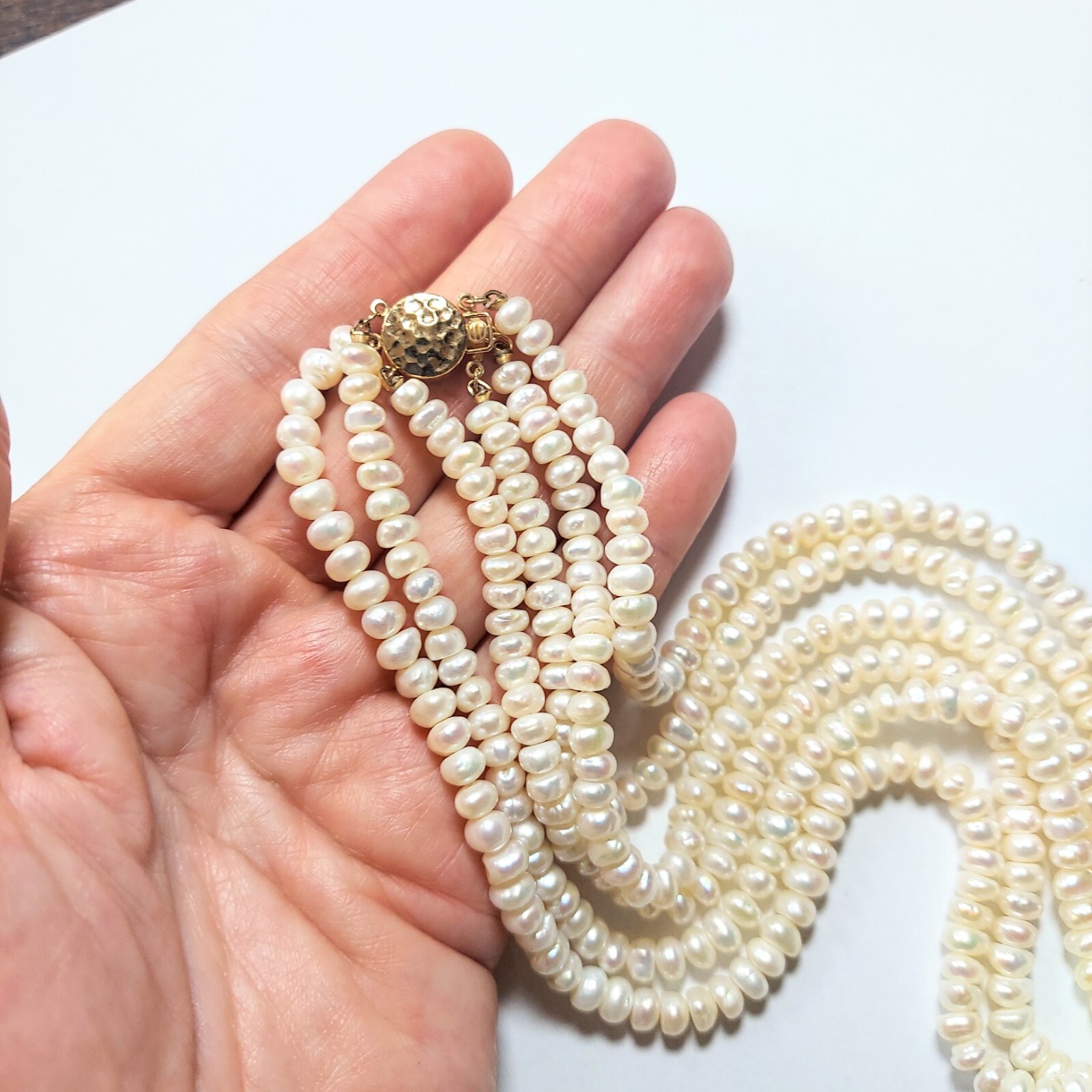 Triple Strand White 6mm Freshwater Pearl Necklace w 14kt Gold Round Box Clasp