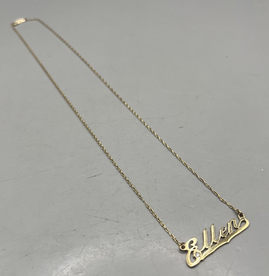 14K Solid Gold Flat Vintage Chain Necklace 18” 2 grams “Ellen” Nameplate Diamond