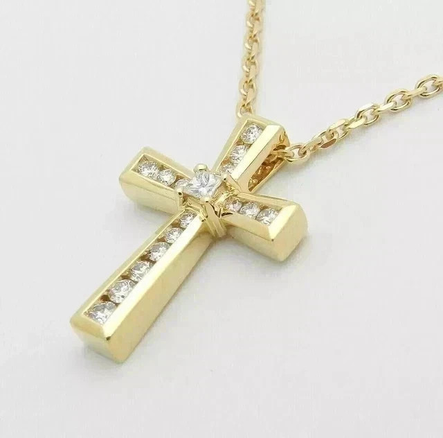 2ct Lab Created Diamond Round Cut Cross Pendant 14k Yellow Gold Plated Silver