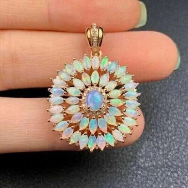 4CT Oval Cut Fire Opal Women’s Flower Pendant Free Chain 14K Yellow Gold Finish