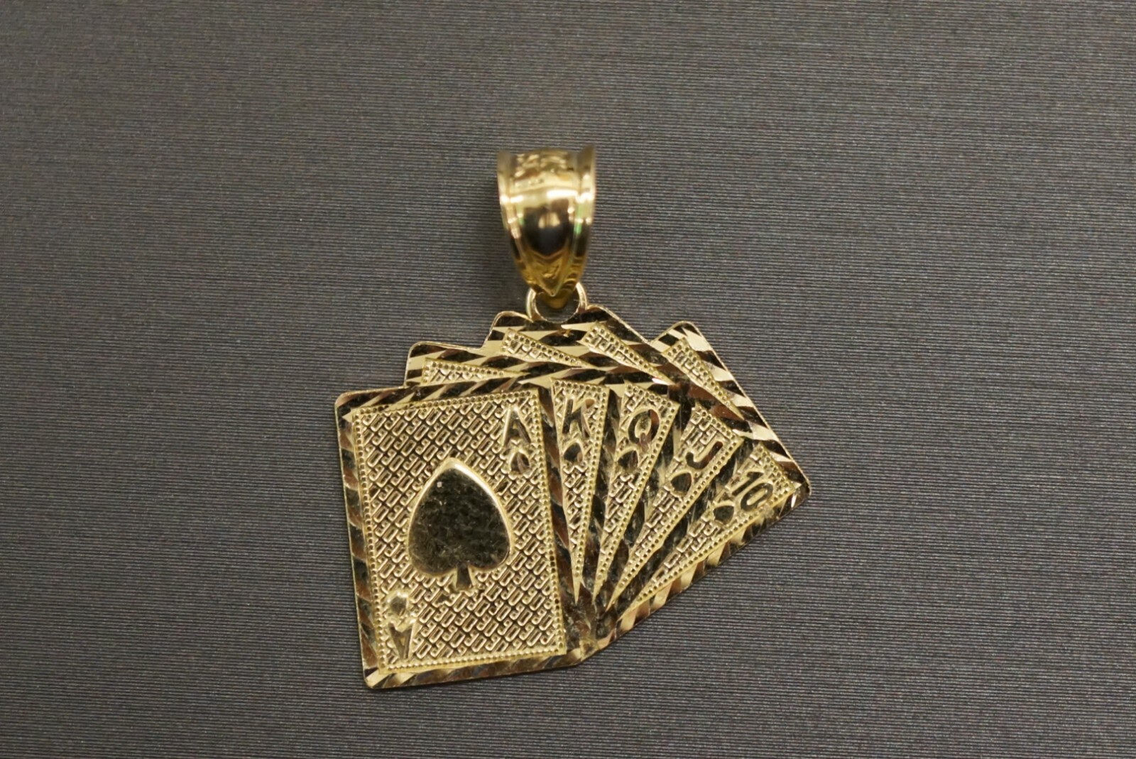 10K Solid Yellow Gold 1″ Royal Flush Poker Cards A K Q J 10 Charm Pendant.