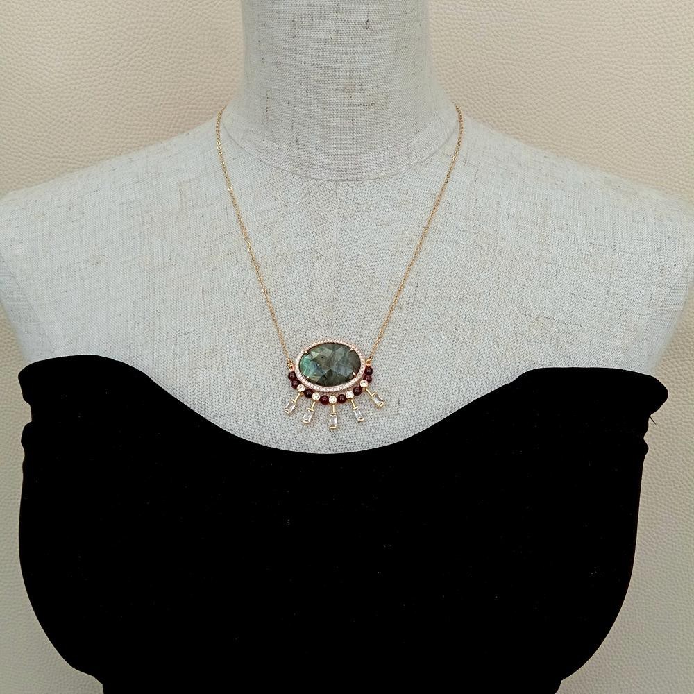 Lumina Pietra Natural Labradorite and Garnet Gemstone 18K Gold Plated Luxury…