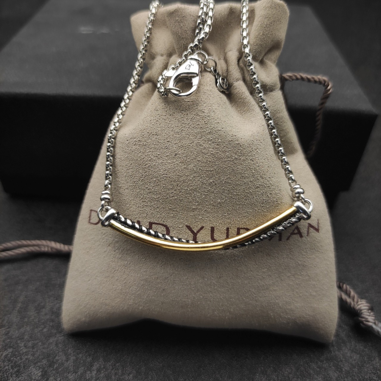 David Yurman Two Tone Cable Bar Pendant 925 Silver 18K Gold Box Chain Necklace