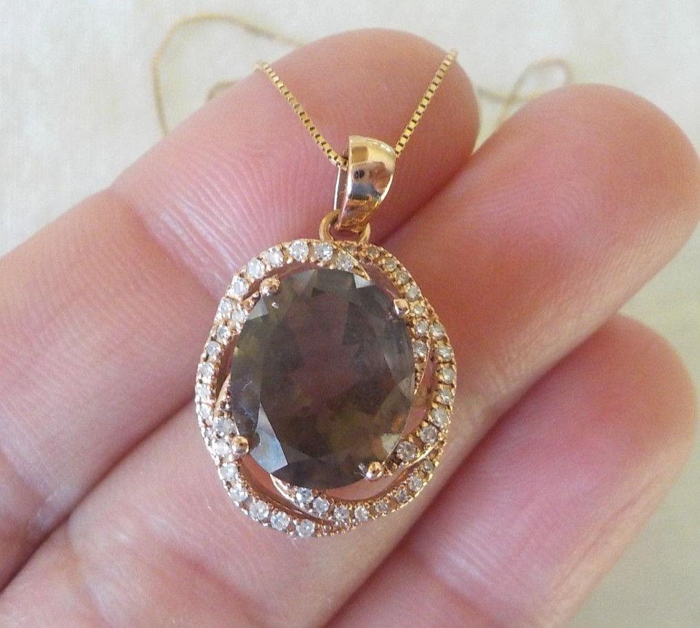 14K Rose Gold Spiral Halo Smoky Quartz Diamond Necklace – 4.20 gms, 18.5 in