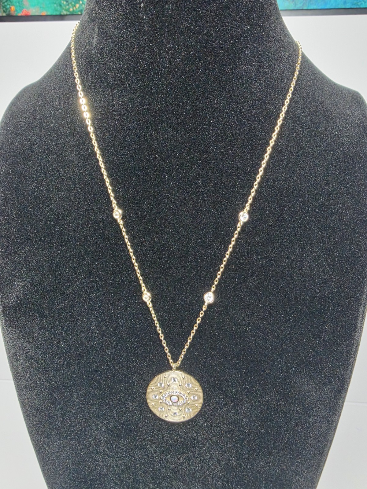 Sterling Silver CZ Gold Vermeil Evil Eye Round Disc Pendant Necklace 18″