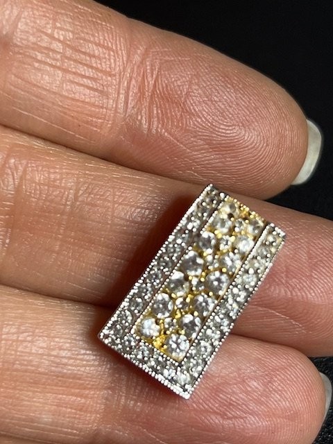 B4490 FAS Two-Tone Rectangle CZ Pendant Sterling Silver 925 3.7g