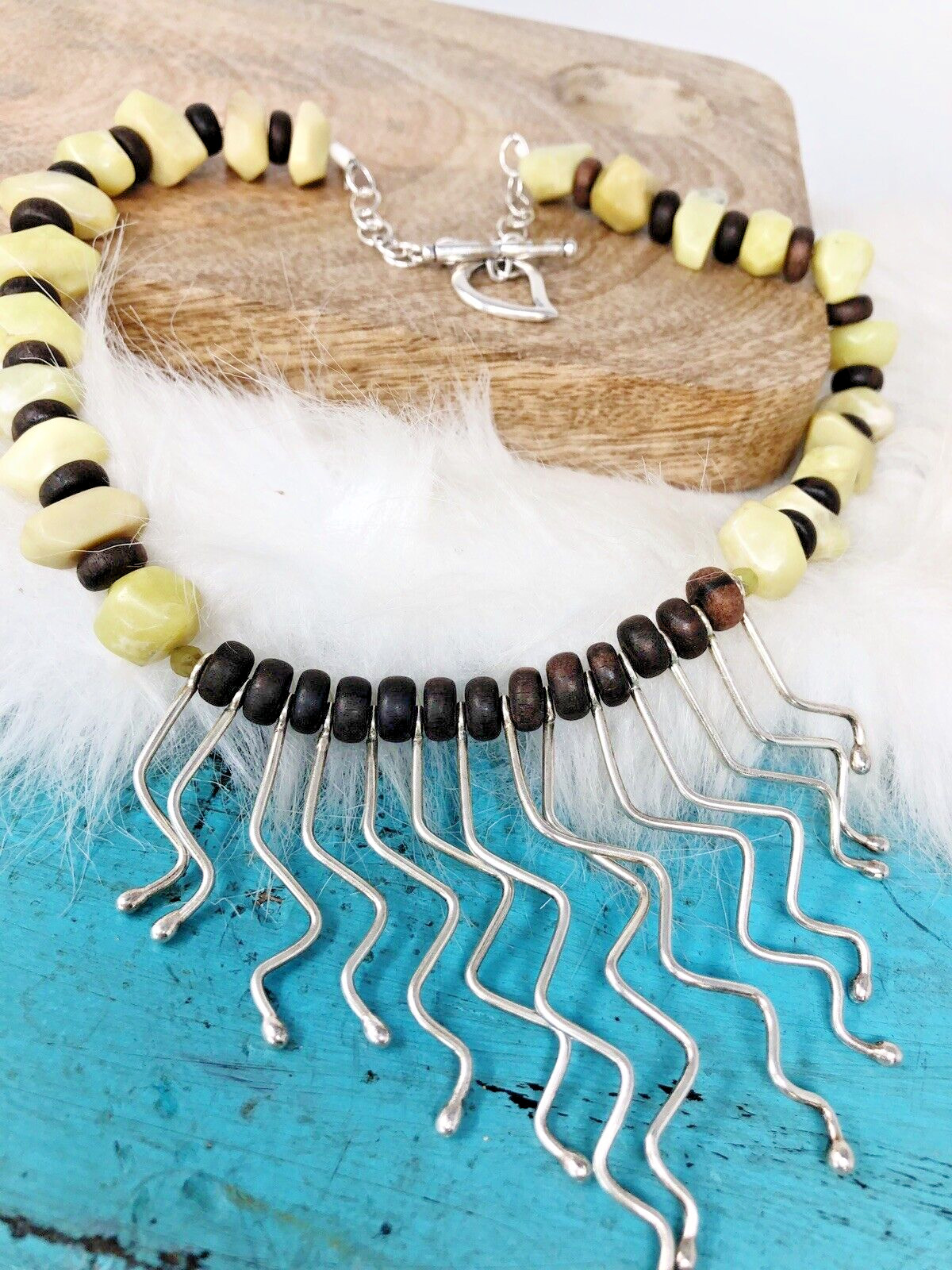 Vintage Tribal Jade Wood Wavy Sterling Silver Asymmetrical Dangles Necklace 18″