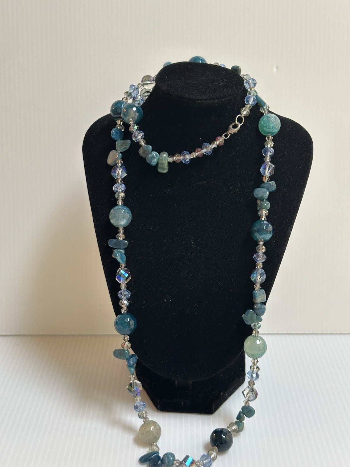 925 STERLING SILVER CLASP CHRYSOBERYL INDICOLITE STONES GREEN BLUE 34” NECKLACE