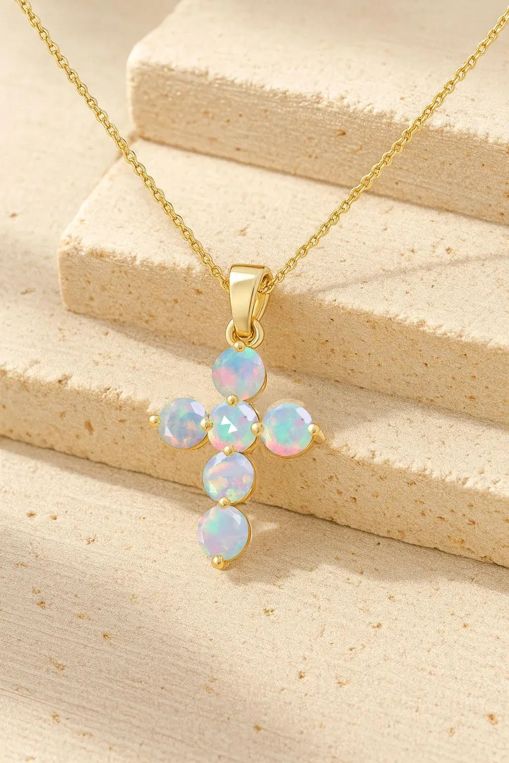 White Multifire Opal Gemstone Gold Cross Pendant, Ethiopian Opal Chain Pendant