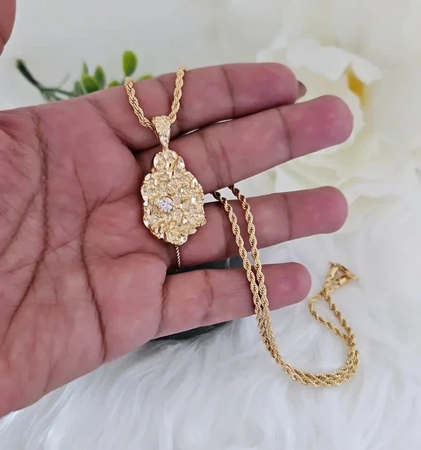 14K Yellow GoldPlatedDiamond Nugget Charm Pendant w/24″ Chain Necklace For Men’s