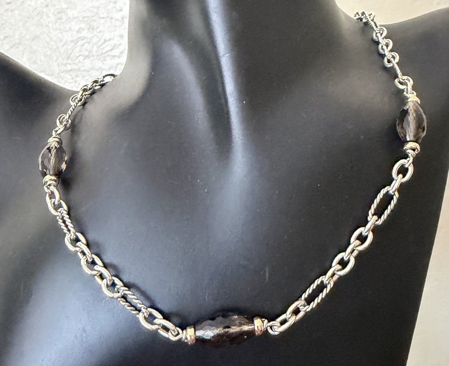 David Yurman Sterling Silver 925/18K Smoky Quartz Chain Necklace﻿