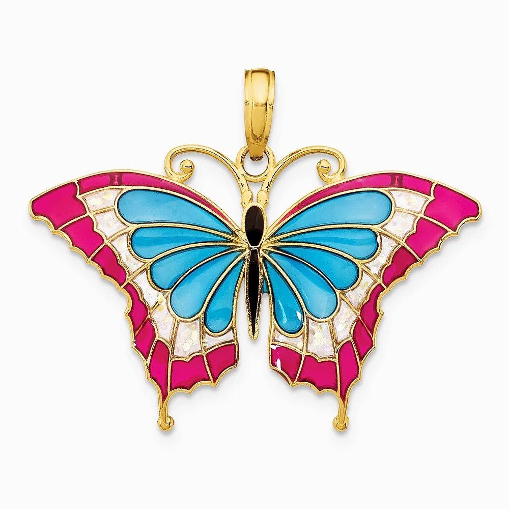 10K / 14K Yellow Gold Blue & Red Enameled Butterfly Pendant
