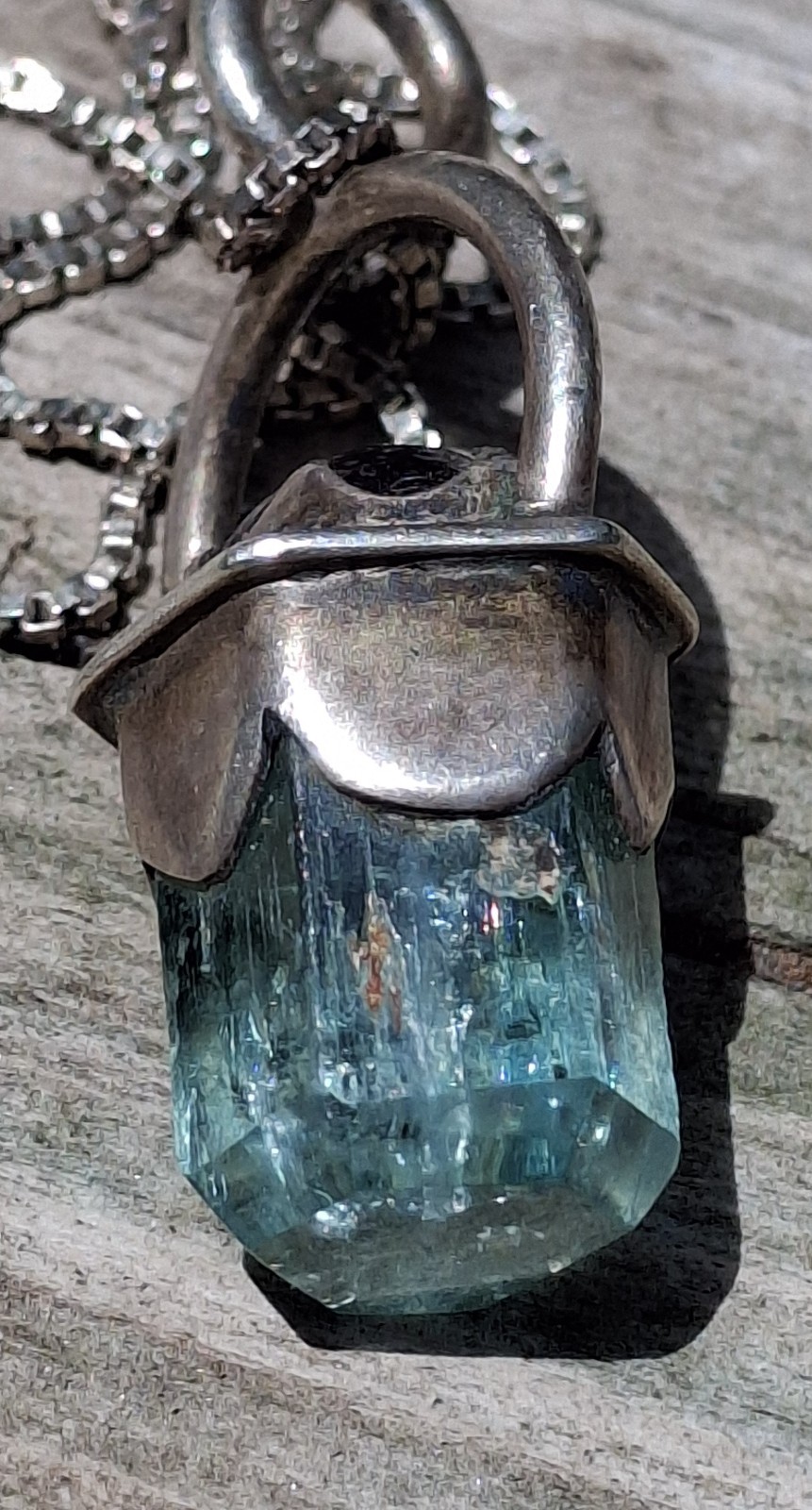 Vintage Sterling Silver Raw Aquamarine Point Amethyst Pendant Necklace 19 inch