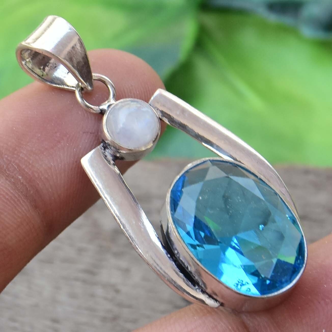 Appealing Swiss Blue Topaz, Moonstone Gemstone 925 Sterling Silver Pendant