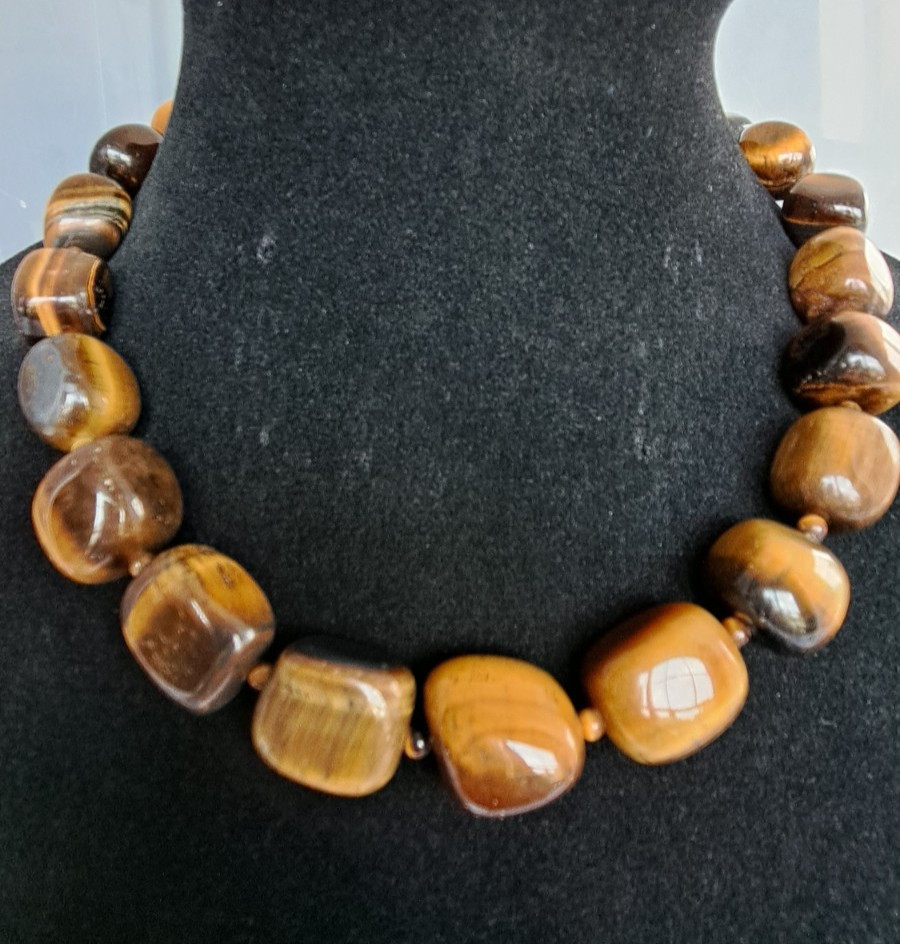Fashion Jewelry Gemstone Tiger’s Eye Beaded Necklace Sterling Silver Clasp