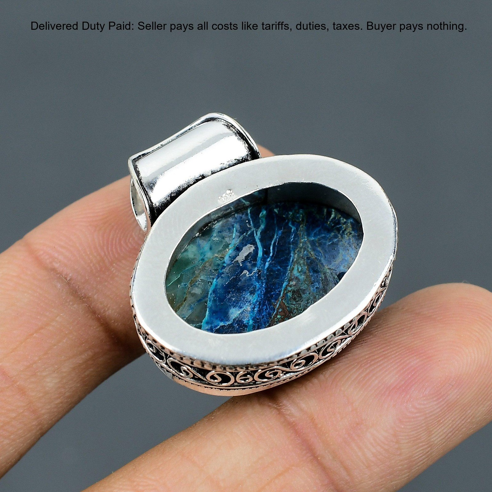 925 Sterling Silver Azurite Malachite Gemstone Unique Vintage Engagement Pendant