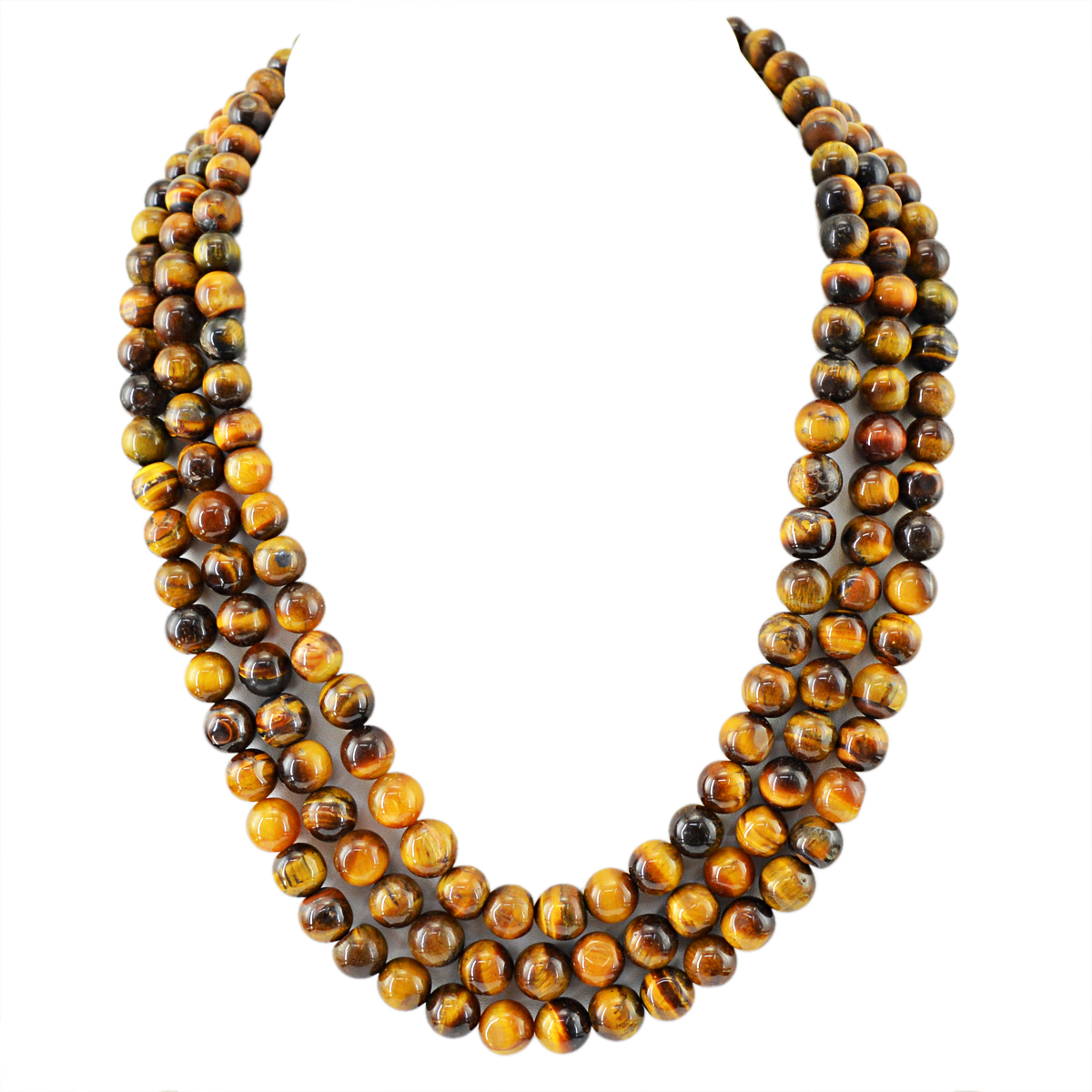 PREMIUM 775.00 CTS NATURAL 3 LINE GOLDEN TIGER EYE ROUND BEADS NECKLACE (DG)