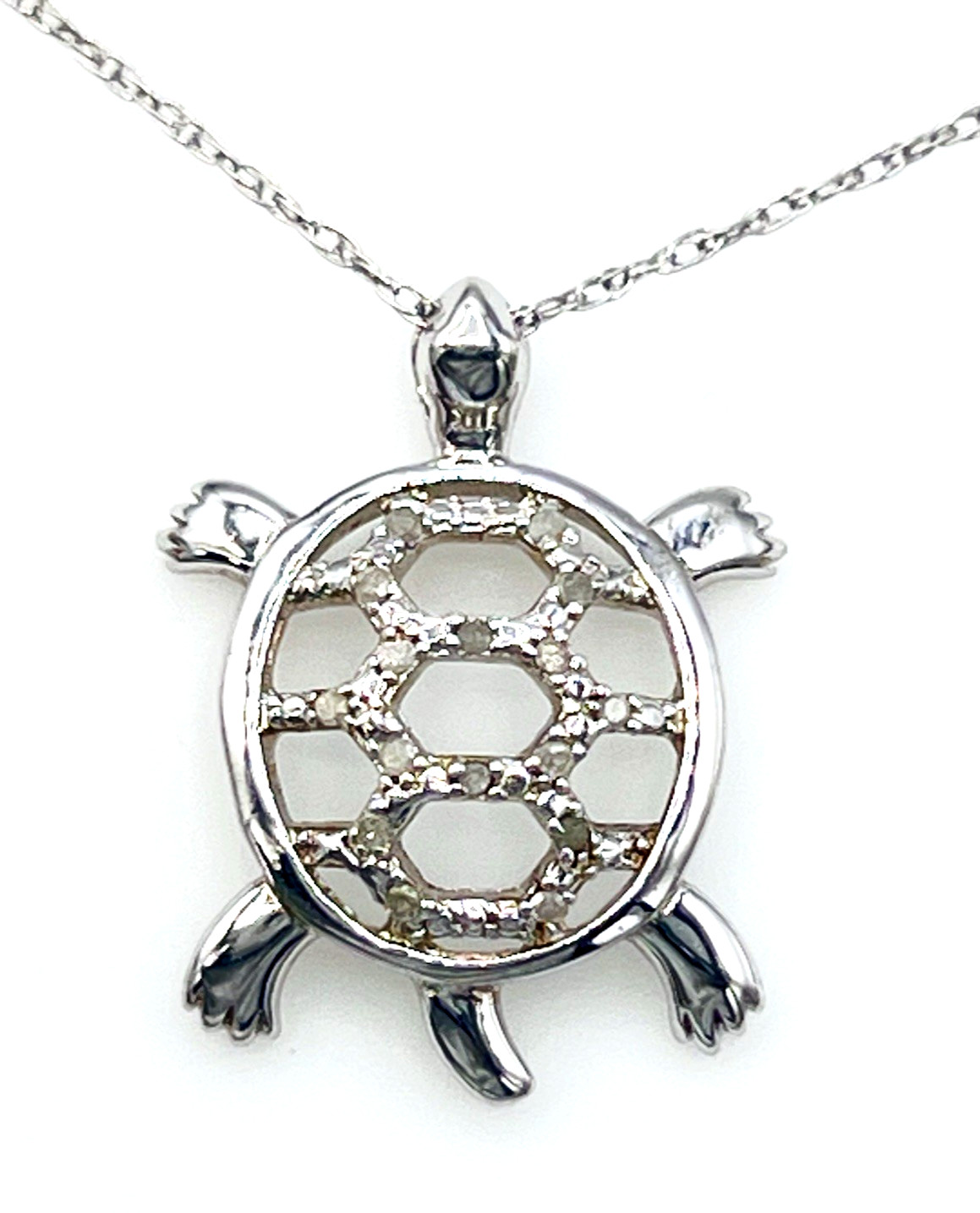 Vintage Signed NC 925 Sterling Silver Diamond Sea Turtle Pendant Necklace
