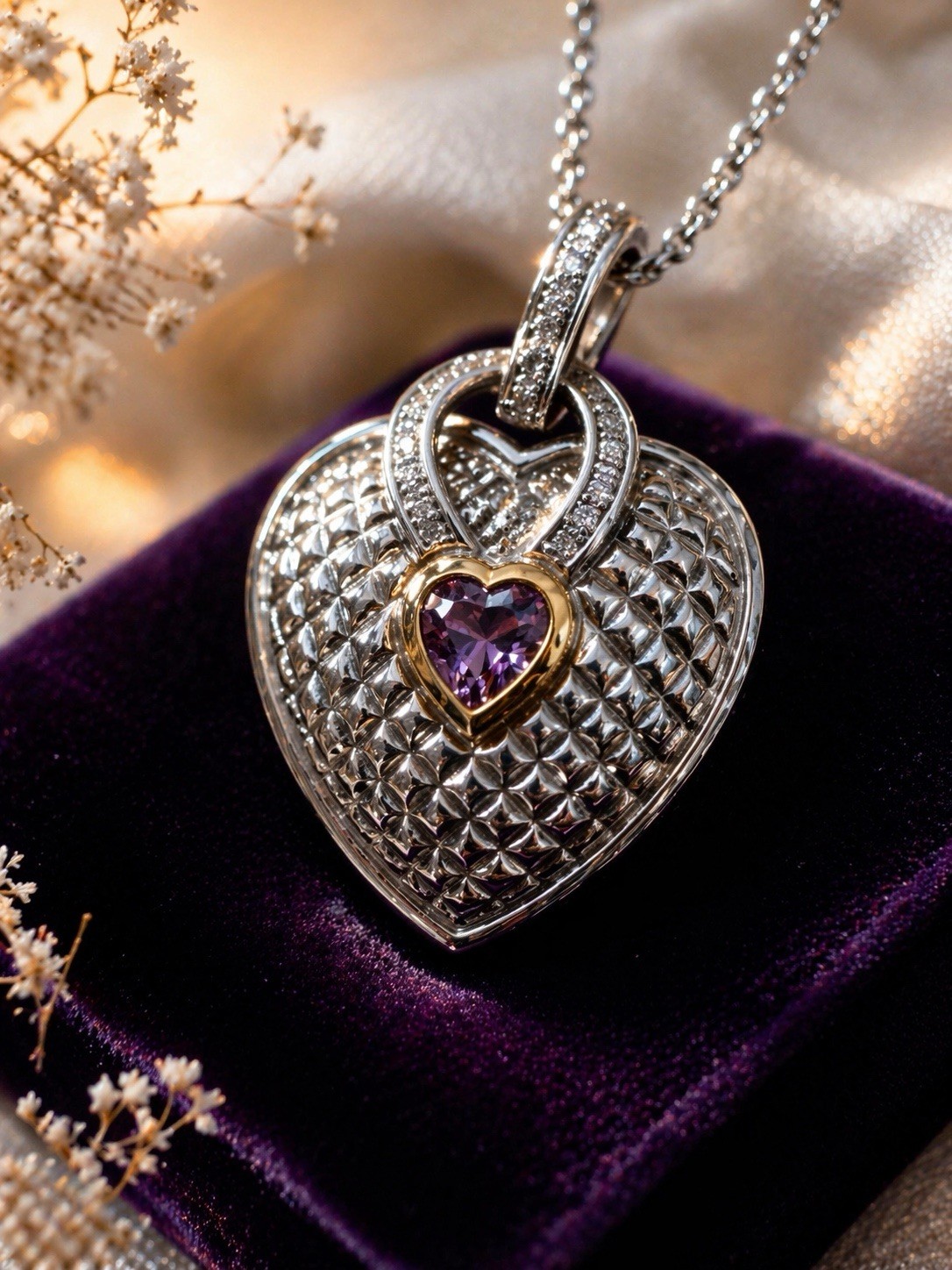 925 Silver Heart Pendant with Purple Stone – Marked 925 / China