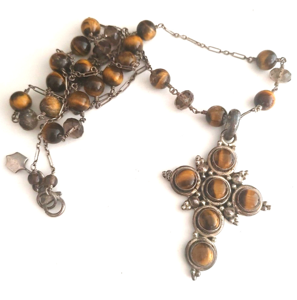 Sterling Silver Tiger’s Eye CROSS Pendant Necklace Rosary Style Chain Signed 32”