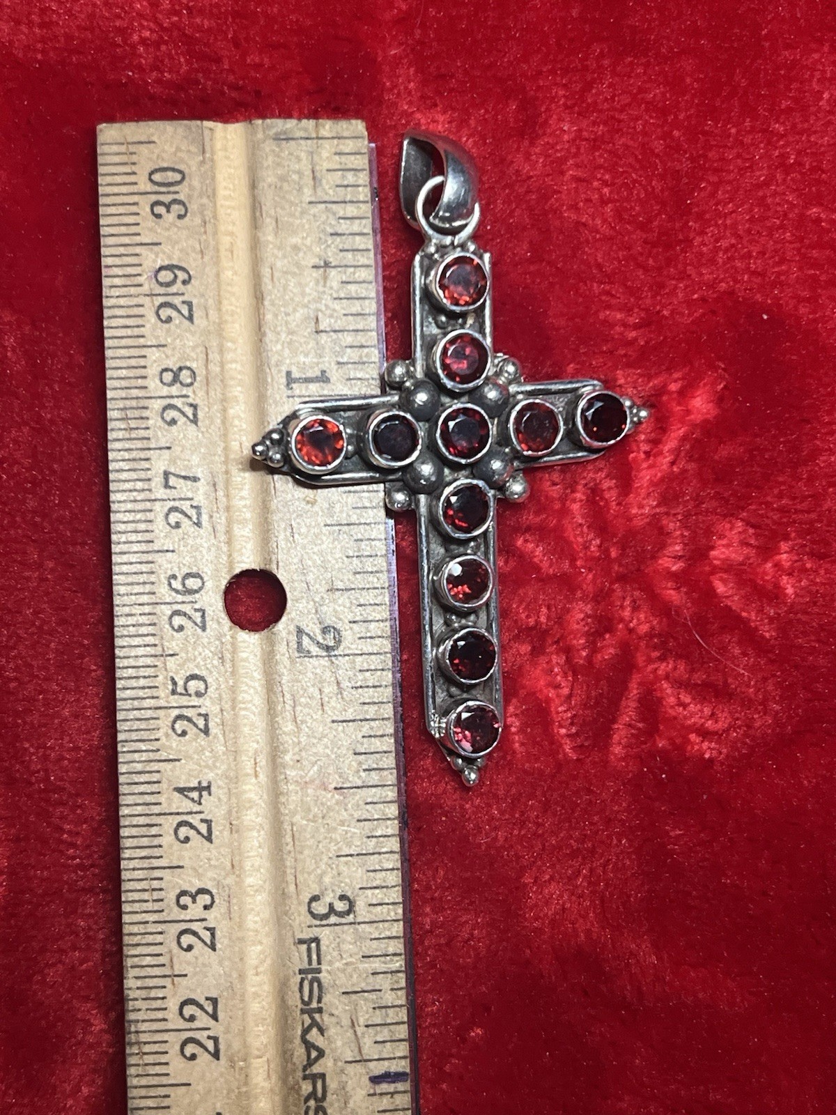 Silver Cross Pendant with Deep Red Stones Stamped 925 Sterling Silver