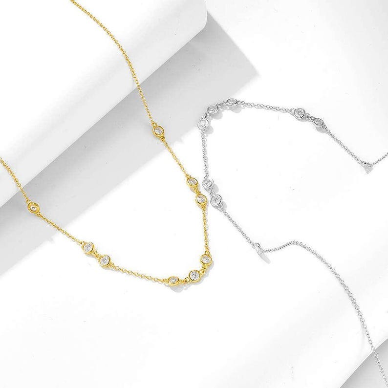 18 INCH By the Yard Station Necklace Round Natural Diamond 14k Solid White Gold