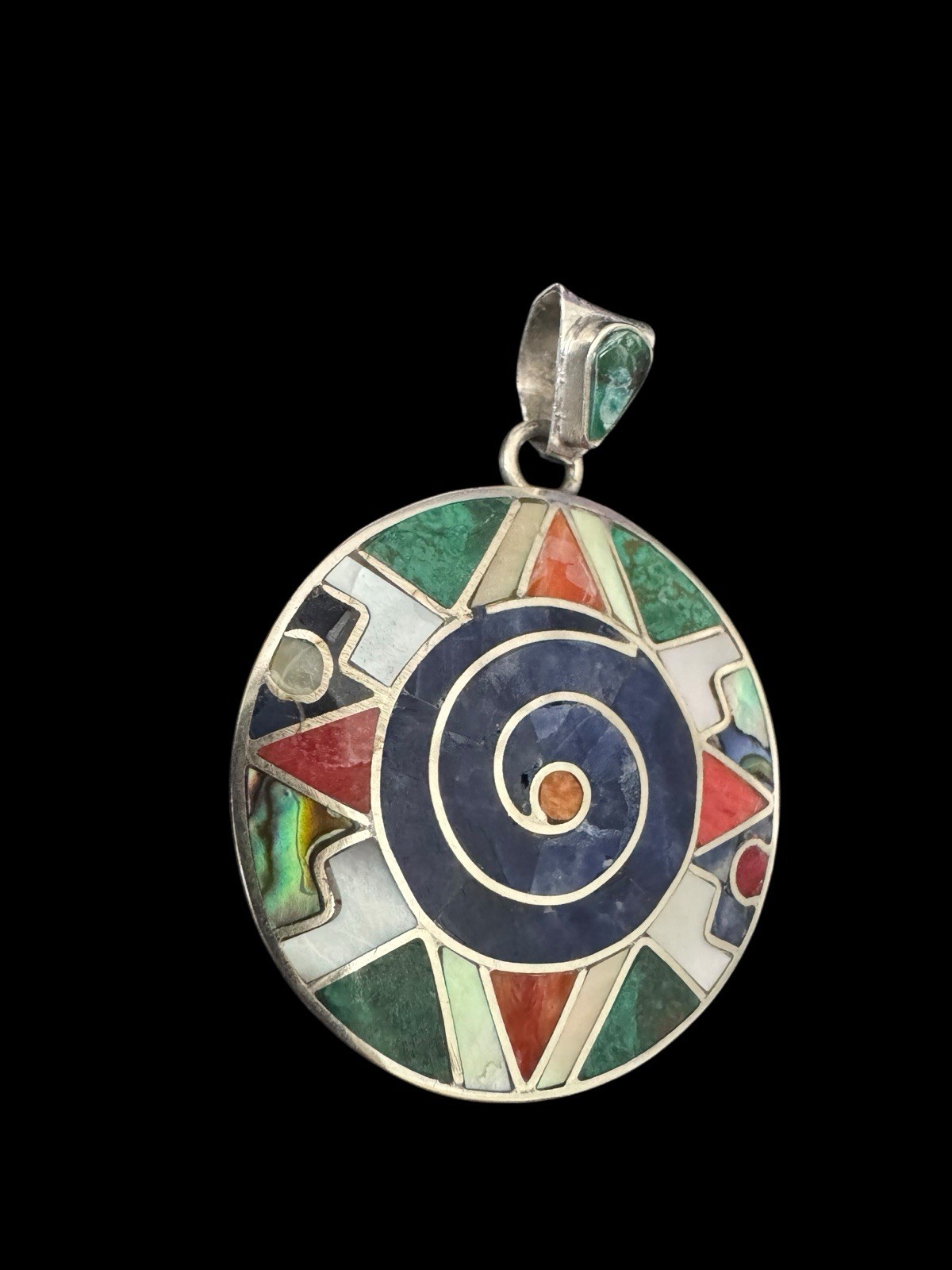 VTG 950 Sterling Silver Gemstone Inlay Peruvian Pendant Swirl Green Blue Red S1