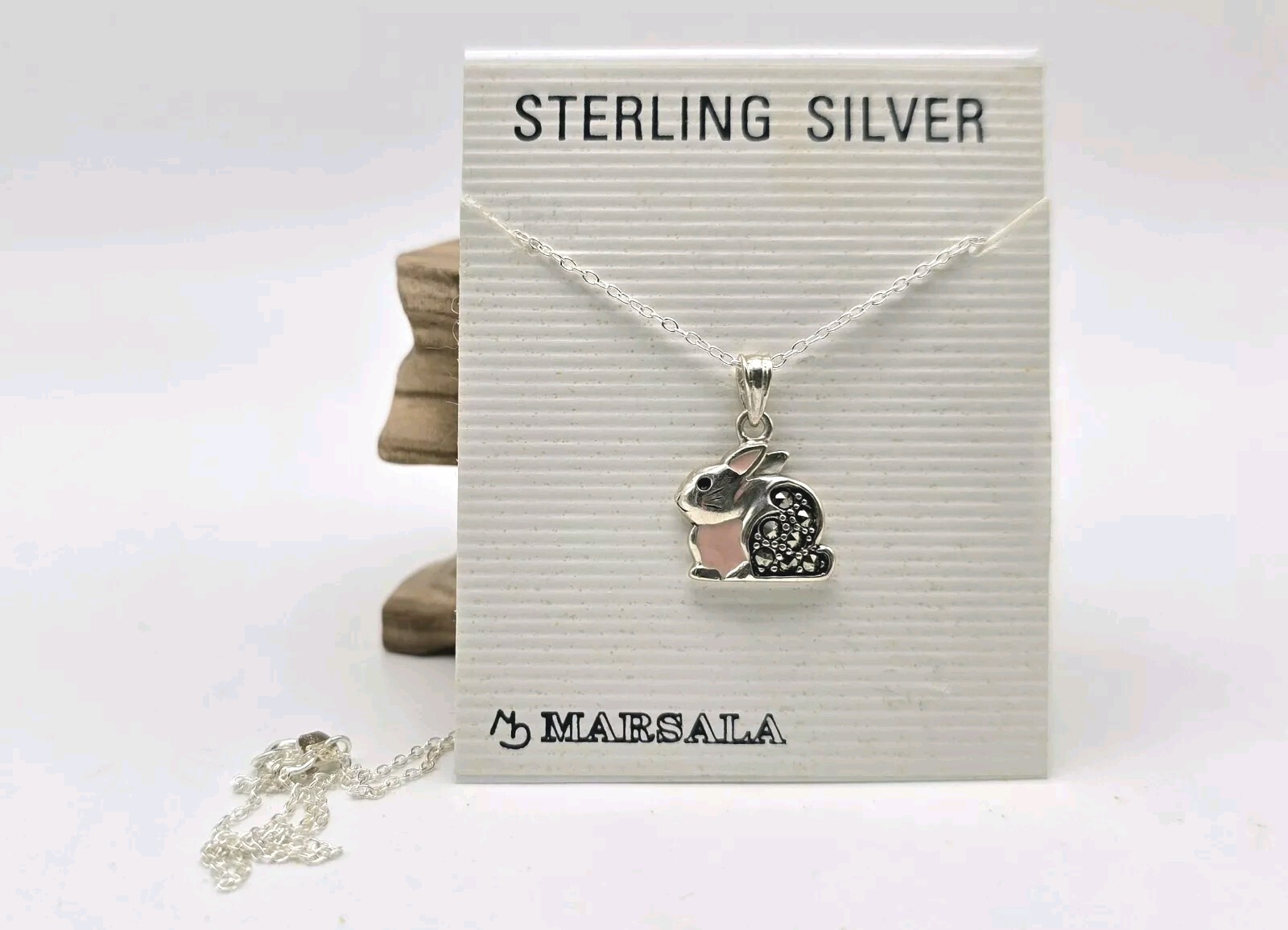 Brand New Sterling Rabbit Necklace, 15.5″, Enamel & Marcasite Trim, Child/Adult