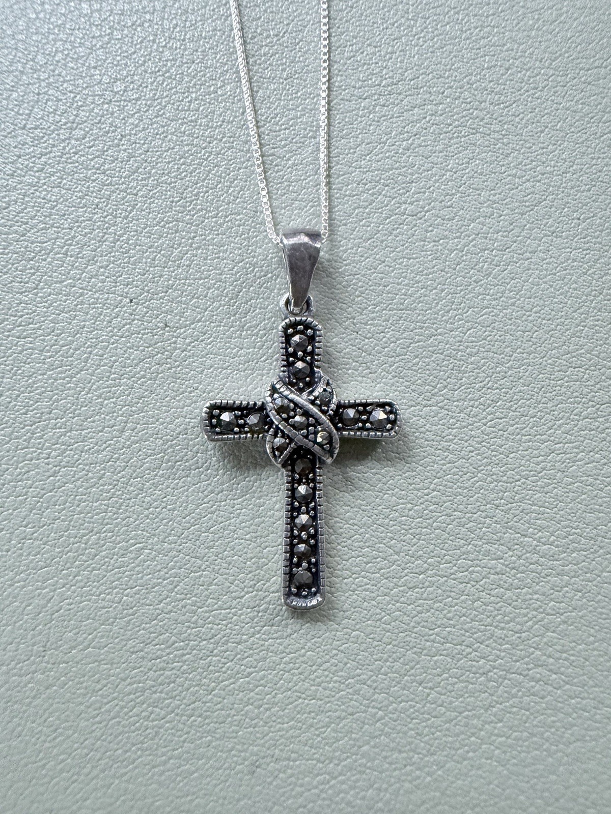 Sterling Silver Christian Cross Pendant Infinity Ribbon 16″ Marcasite