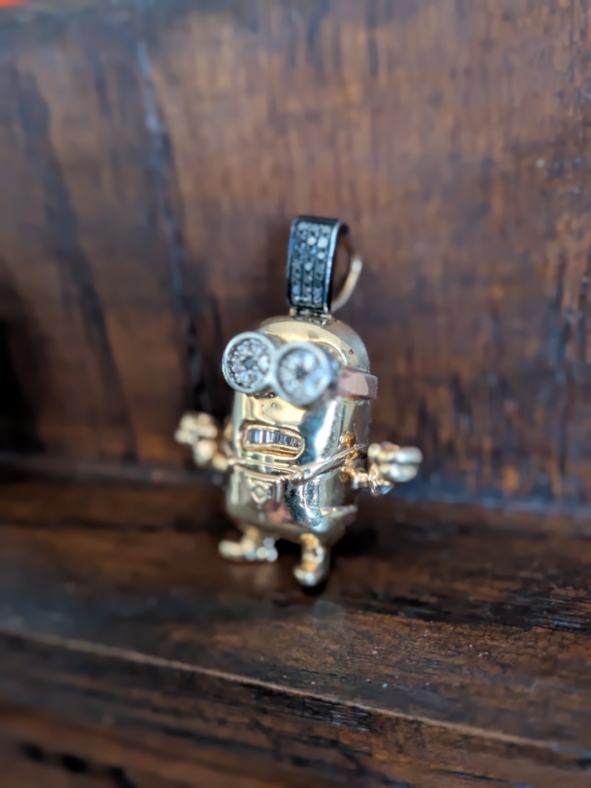 One of a Kind 14k Gold Minion Pendant White & Black Diamond 15.11g