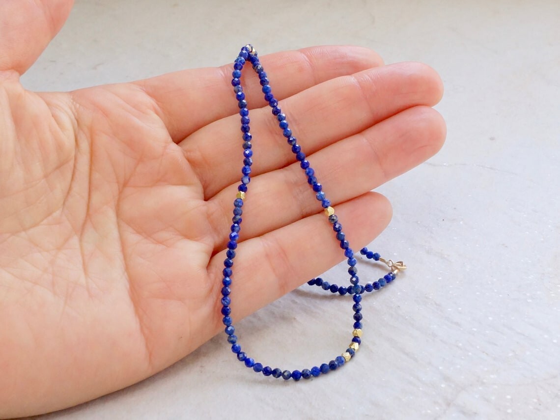 A++ Natural Blue Lapis Lazuli Faceted Round Gemstone Beads 18″ Handmade Necklace