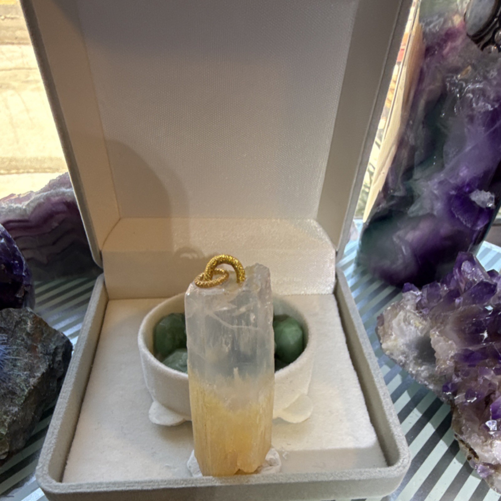 Yellow mango quartz & Clear Crystal Point Pendant Specimen w/ 18k Gold bail