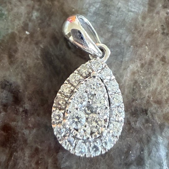 14k solid white gold, 23 Tiny genuine diamond cluster Tear Drop pendant Charm.
