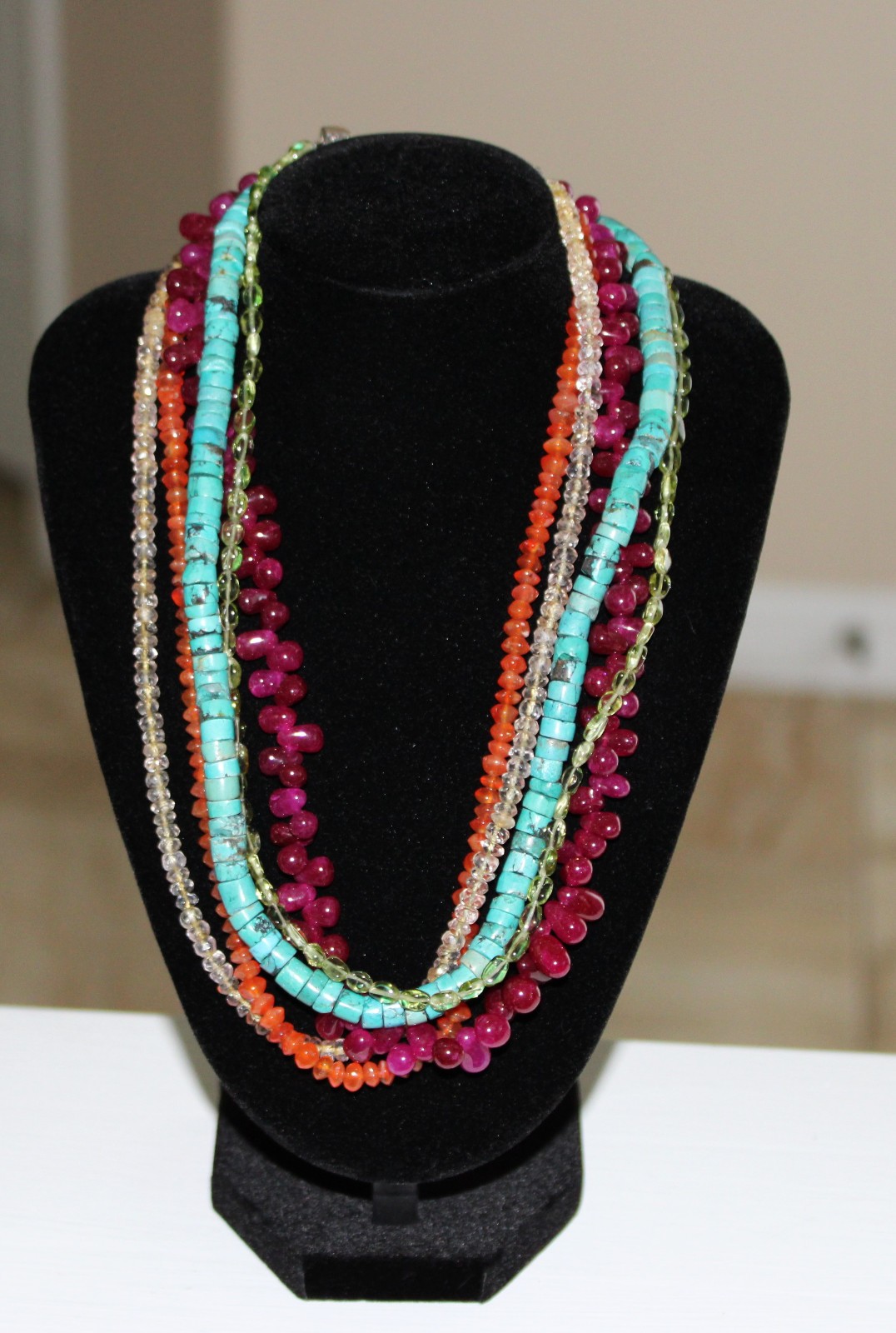 Signed 925 Sterling Silver Multi-Strand Beaded Necklace Assorted Gemstones 17″