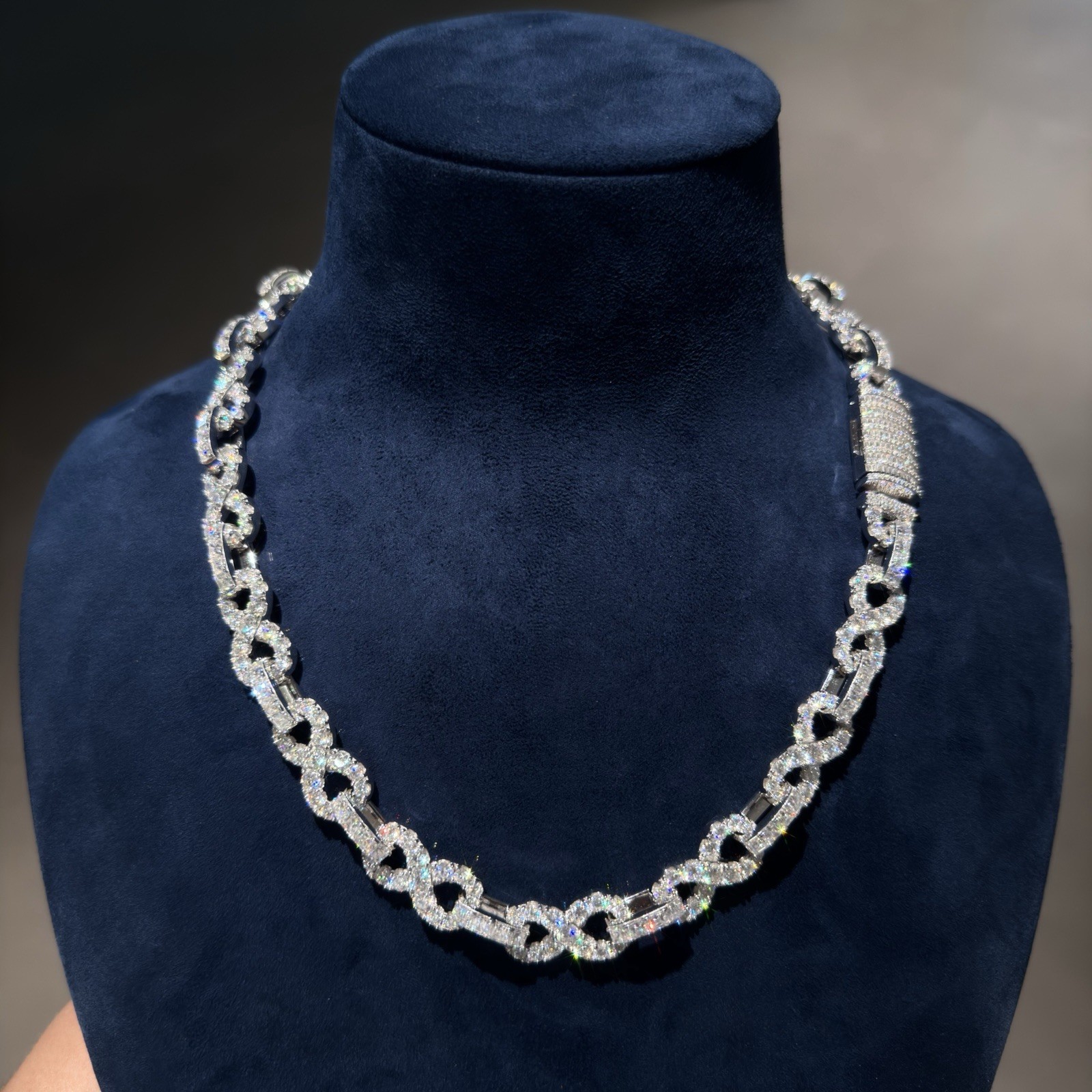 Moissanite Infinity Link Chain 925 Silver 14K White Gold VVS D Iced Out 20″ GRA